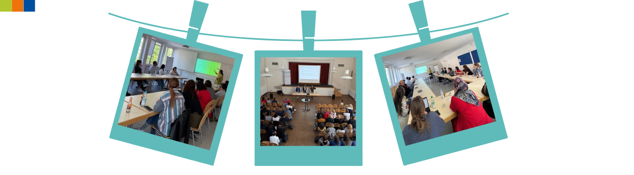 Drei Fotos vom MigraNet plus-Netzwerktreffen am 13. Mai 2025 in München: Workshops und Vorträge mit zahlreichen Teilnehmenden aus den regionalen Netzwerken