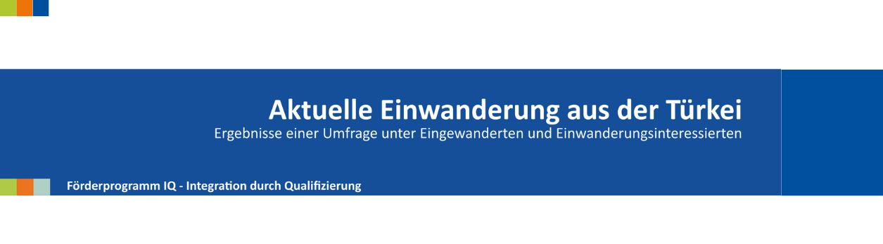 Titelbild der IQ-Publikation „Aktuelle Einwanderung aus der Türkei“ mit grafischen Elementen und dem Logo der Fachstelle Einwanderung und Integration.